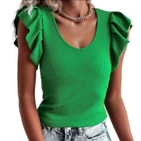 Tops - GREEN KNITTED RUFFLE Short Sleeve Colorful‎ Top Size S, Size M, Size L